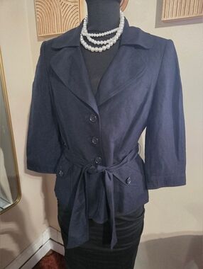 Women's Navy Blue Ann Taylor Tie-Waist Linen Jacket - Classic Collar Size 8